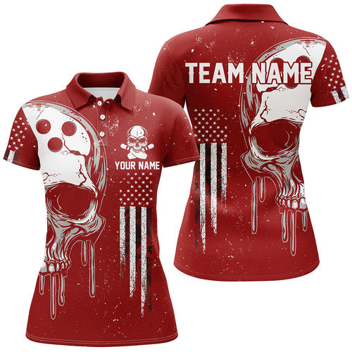 Personalized Red White grunge American Flag Skull Women Bowling Team Shirt, Patriotic Bowling Jersey NQS9227