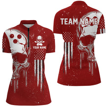 Load image into Gallery viewer, Personalized Red White grunge American Flag Skull Women Bowling Team Shirt, Patriotic Bowling Jersey NQS9227