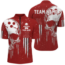 Load image into Gallery viewer, Personalized Red and White grunge American Flag Skull Bowling Team Shirts, Patriotic Bowling Jerseys NQS9227