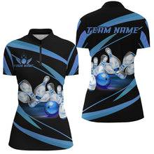 Load image into Gallery viewer, Personalized Black And Blue Bowling Shirts For Women, Custom Team Bowling League Jerseys NQS9229