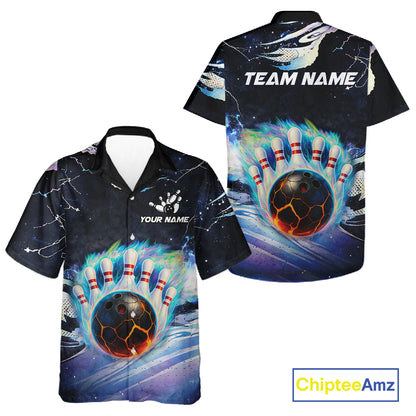 Blue hologram flame Bowling Hawaiian Shirt Custom Bowling Team Button up shirt NQS11295