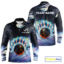 Load image into Gallery viewer, Blue hologram flame Bowling polo, 1/4 zip Shirts for Men Custom Bowling Team jerseys NQS11295