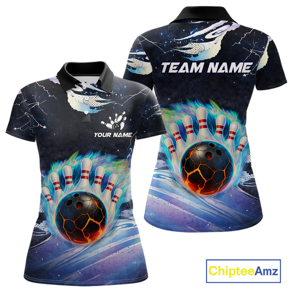 Blue hologram flame Bowling polo, 1/4 zip Shirts for Women Custom Bowling Team jerseys NQS11295
