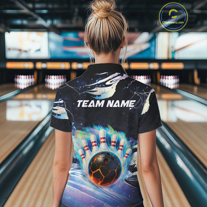Blue hologram flame Bowling polo, 1/4 zip Shirts for Women Custom Bowling Team jerseys NQS11295
