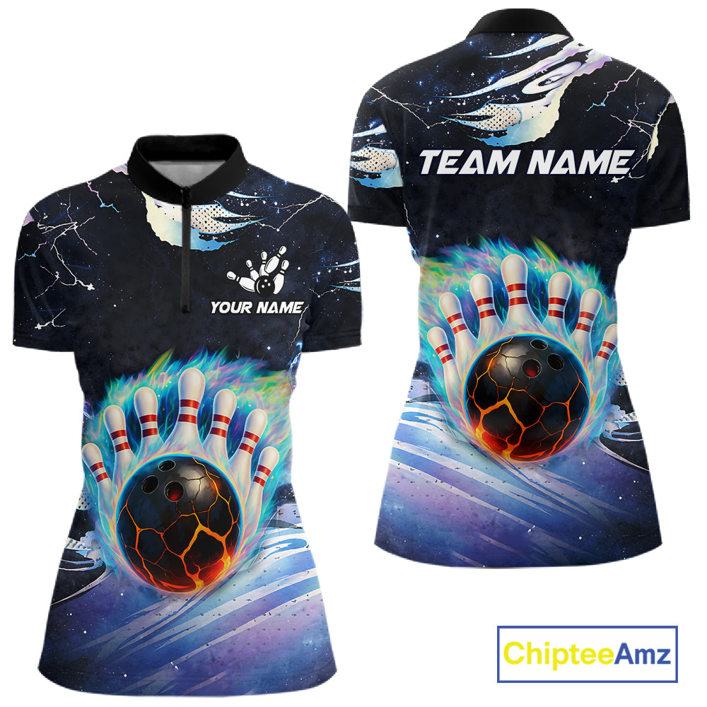 Blue hologram flame Bowling polo, 1/4 zip Shirts for Women Custom Bowling Team jerseys NQS11295