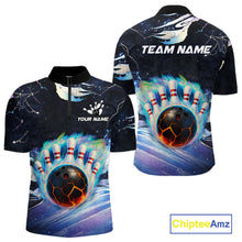 Load image into Gallery viewer, Blue hologram flame Bowling polo, 1/4 zip Shirts for Men Custom Bowling Team jerseys NQS11295