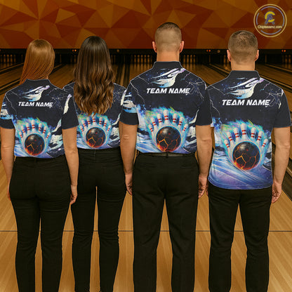 Blue hologram flame Bowling polo, 1/4 zip Shirts for Men Custom Bowling Team jerseys NQS11295