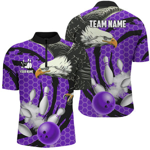 Eagle bowling ball and pins Purple camo custom Mens Bowling Quarter Zip Shirts, team bowling jersey NQS7515