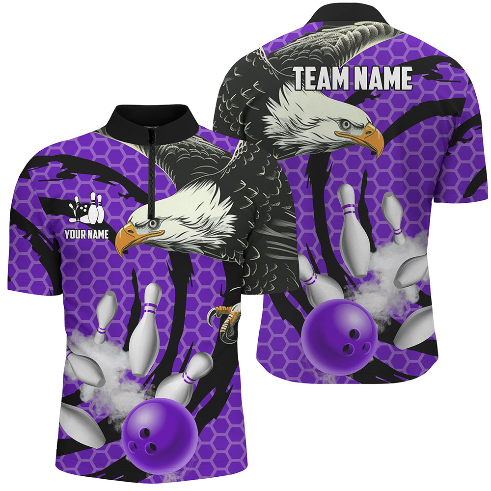 Eagle bowling ball and pins Purple camo custom Mens Bowling Quarter Zip Shirts, team bowling jersey NQS7515
