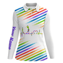 Load image into Gallery viewer, Womens golf polo shirt custom name colorful rainbow golf heartbeat tournament ladies white golf tops NQS5528