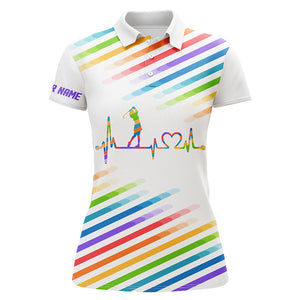 Womens golf polo shirt custom name colorful rainbow golf heartbeat tournament ladies white golf tops NQS5528