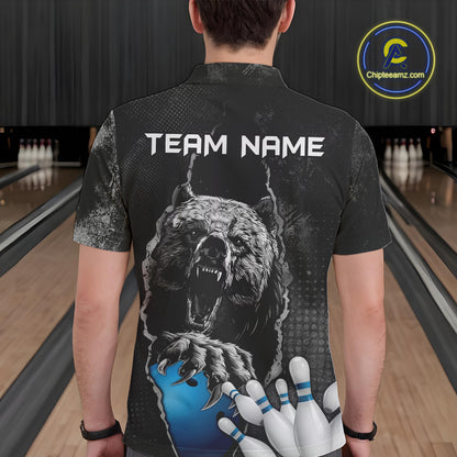 Blue and Black Bear grunge Custom Men Bowling Polo, Quarter Zip Shirts Bowling Team Jerseys Outfits NQS10166