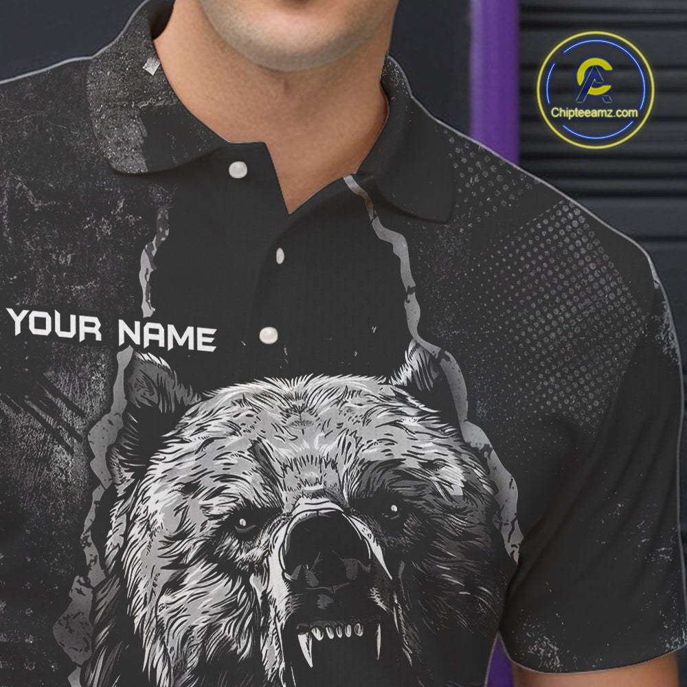 Blue and Black Bear grunge Custom Men Bowling Polo, Quarter Zip Shirts Bowling Team Jerseys Outfits NQS10166