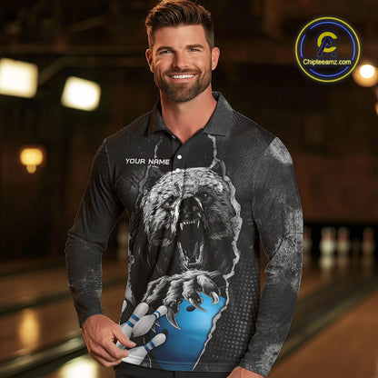 Blue and Black Bear grunge Custom Men Bowling Polo, Quarter Zip Shirts Bowling Team Jerseys Outfits NQS10166