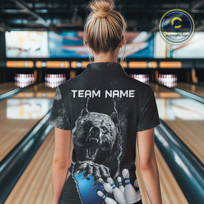 Blue and Black Bear grunge Custom Women Bowling Polo, Quarter Zip Shirts Bowling Team Jerseys Outfits NQS10166