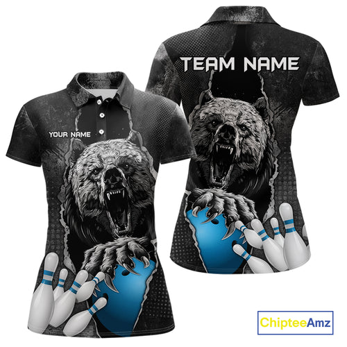 Blue and Black Bear grunge Custom Women Bowling Polo, Quarter Zip Shirts Bowling Team Jerseys Outfits NQS10166