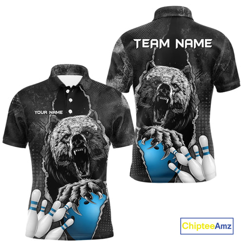 Blue and Black Bear grunge Custom Men Bowling Polo, Quarter Zip Shirts Bowling Team Jerseys Outfits NQS10166