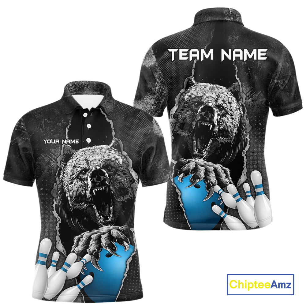 Blue and Black Bear grunge Custom Men Bowling Polo, Quarter Zip Shirts Bowling Team Jerseys Outfits NQS10166
