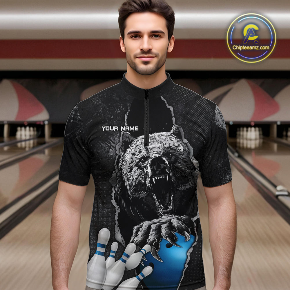 Blue and Black Bear grunge Custom Men Bowling Polo, Quarter Zip Shirts Bowling Team Jerseys Outfits NQS10166