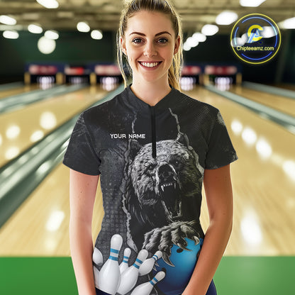 Blue and Black Bear grunge Custom Women Bowling Polo, Quarter Zip Shirts Bowling Team Jerseys Outfits NQS10166