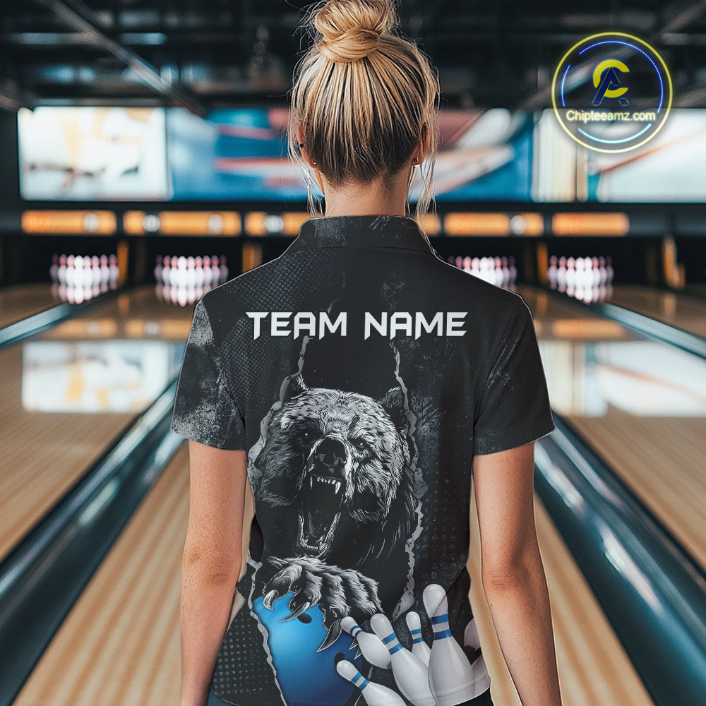 Blue and Black Bear grunge Custom Women Bowling Polo, Quarter Zip Shirts Bowling Team Jerseys Outfits NQS10166