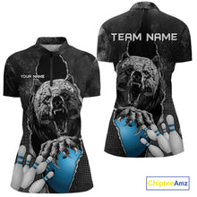 Load image into Gallery viewer, Blue and Black Bear grunge Custom Women Bowling Polo, Quarter Zip Shirts Bowling Team Jerseys Outfits NQS10166