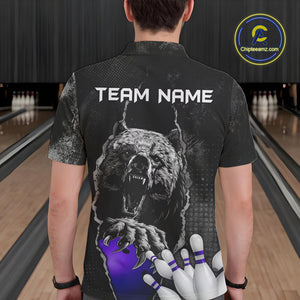 Purple and Black Bear grunge Custom Men Bowling Polo, Quarter Zip Shirts Bowling Team Jerseys Outfits NQS10167