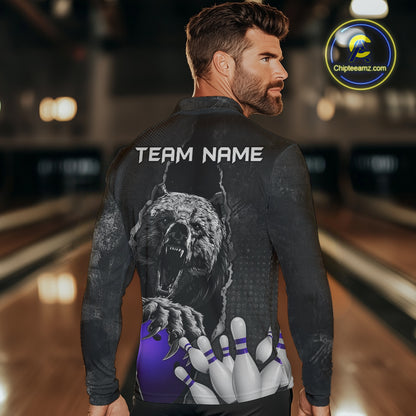 Purple and Black Bear grunge Custom Men Bowling Polo, Quarter Zip Shirts Bowling Team Jerseys Outfits NQS10167