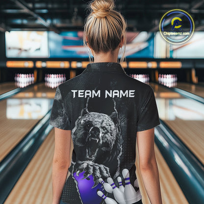 Purple and Black Bear grunge Custom Women Bowling Polo, 1/4 Zip Shirts Bowling Team Jerseys Outfits NQS10167