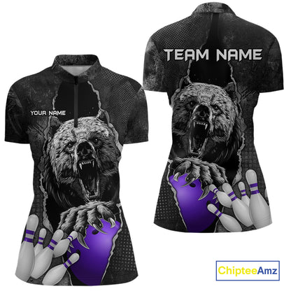 Purple and Black Bear grunge Custom Women Bowling Polo, 1/4 Zip Shirts Bowling Team Jerseys Outfits NQS10167