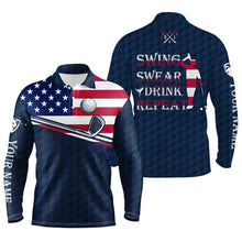 Load image into Gallery viewer, Mens golf polo shirt swing swear drink repeat custom name blue navy American flag men golf shirts NQS6192