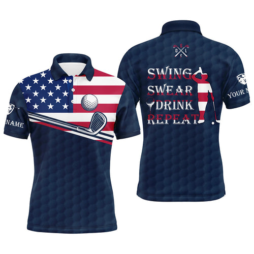 Mens golf polo shirt swing swear drink repeat custom name blue navy American flag men golf shirts NQS6192