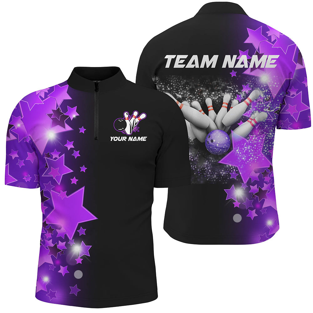 Men bowling Polo, Quarter Zip shirts Custom Purple Stars Bowling Team Bowlers Jersey NQS8527