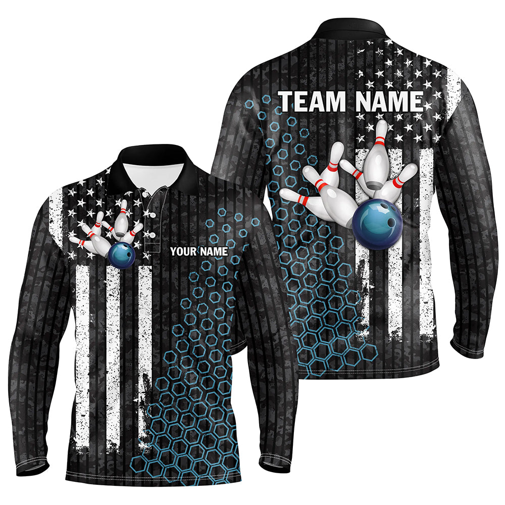 Black white American flag Men bowling Polo, Quarter Zip shirts Custom camo Bowling Team Jerseys | Blue NQS8531