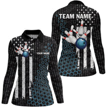 Load image into Gallery viewer, Black white American flag Women bowling Polo, Quarter Zip shirt Custom camo Bowling Team Jersey | Blue NQS8531