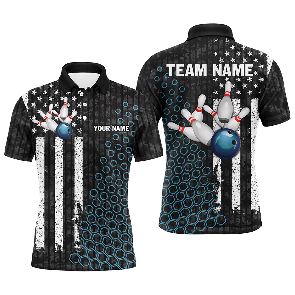 Black white American flag Men bowling Polo, Quarter Zip shirts Custom camo Bowling Team Jerseys | Blue NQS8531
