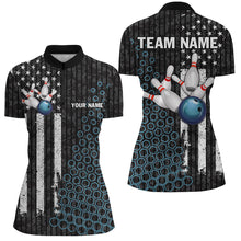 Load image into Gallery viewer, Black white American flag Women bowling Polo, Quarter Zip shirt Custom camo Bowling Team Jersey | Blue NQS8531