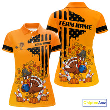 Load image into Gallery viewer, Personalized American Flag Turkey Autumn Bowling Shirts For Women, Thanksgiving Bowling Team Uniform NQS10721