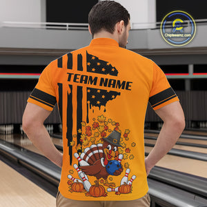 Personalized American Flag Turkey Autumn Bowling Shirts For Men, Thanksgiving Bowling Team Uniform NQS10721