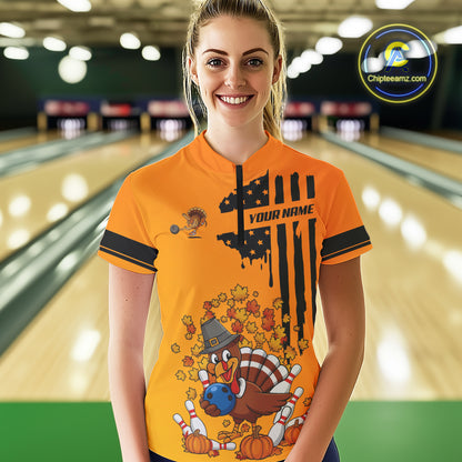 Personalized American Flag Turkey Autumn Bowling Shirts For Women, Thanksgiving Bowling Team Uniform NQS10721