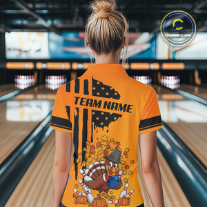 Personalized American Flag Turkey Autumn Bowling Shirts For Women, Thanksgiving Bowling Team Uniform NQS10721