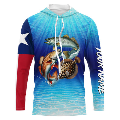 Personalized Texas Slam Redfish, trout, flounder Long Sleeve Performance Texas flag Fishing Shirt NQS6678