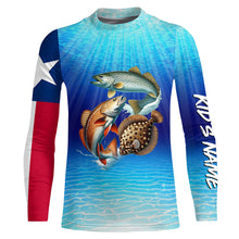 Load image into Gallery viewer, Personalized Texas Slam Redfish, trout, flounder Long Sleeve Performance Texas flag Fishing Shirt NQS6678