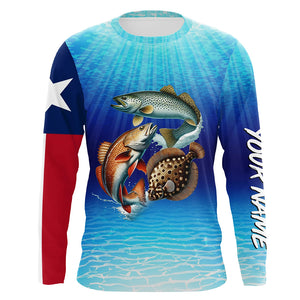 Personalized Texas Slam Redfish, trout, flounder Long Sleeve Performance Texas flag Fishing Shirt NQS6678