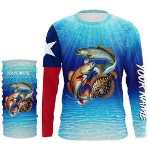 Personalized Texas Slam Redfish, trout, flounder Long Sleeve Performance Texas flag Fishing Shirt NQS6678