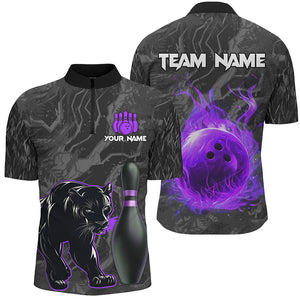 Black Camo Panther Purple Flame Bowling Polo, 1/4 Zip Shirts For Men Custom Bowling Team League Jersey NQS8777