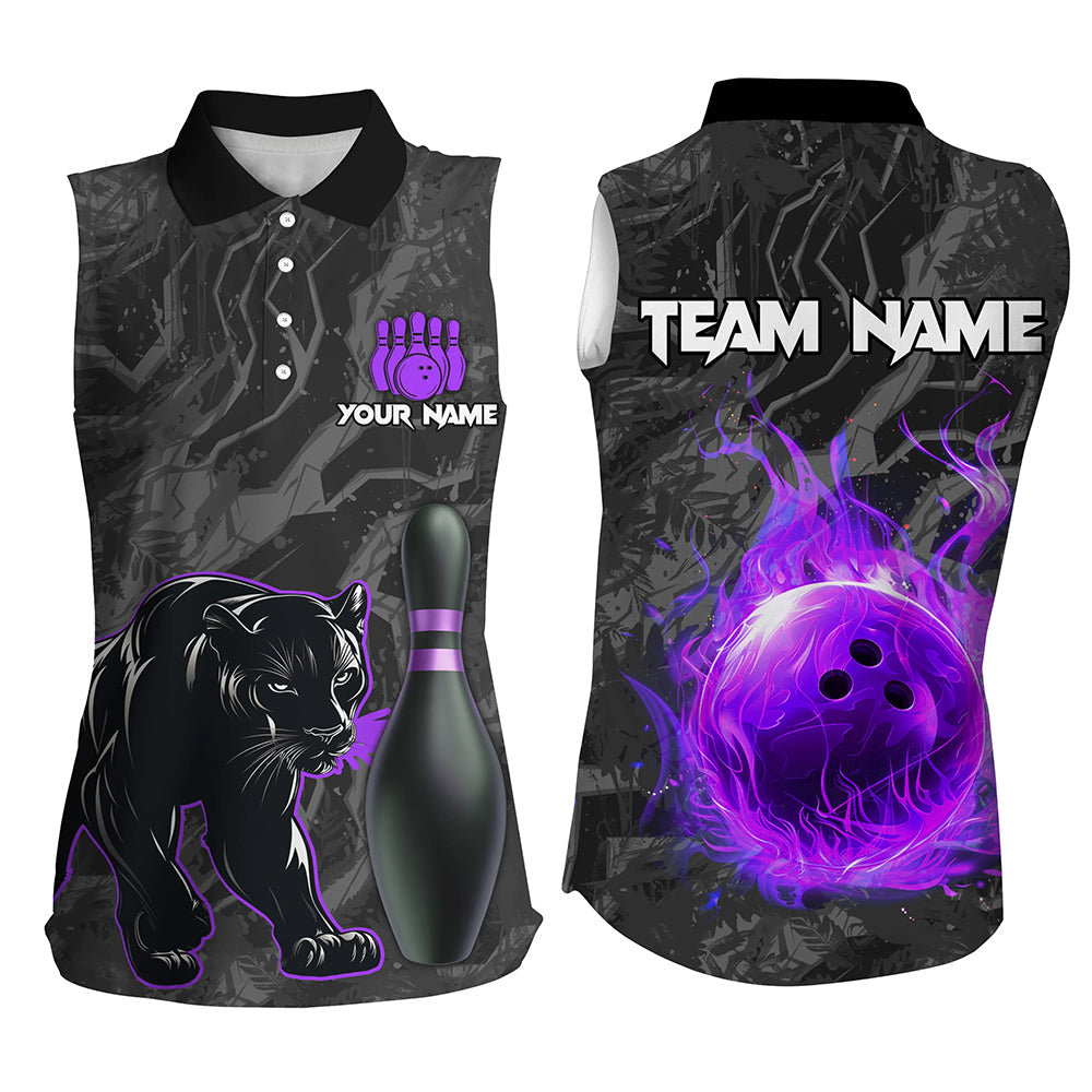 Black Camo Panther Purple Flame Bowling Sleeveless Polo Shirts Custom Bowling Team League Jersey NQS8777