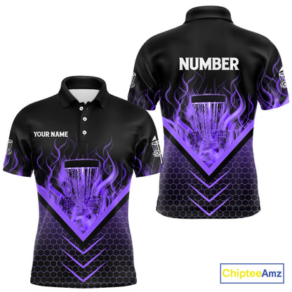 Black and Purple Fire Mens Disc golf polo shirt custom flame disc golf basket jersey, disc golf shirt NQS10924