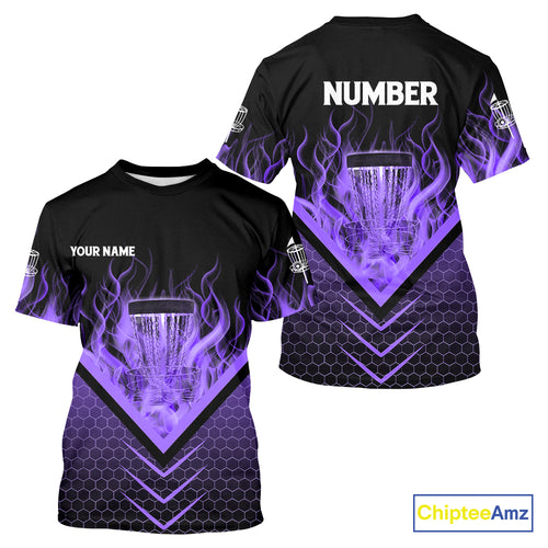 Black and Purple Fire Disc Golf T-Shirt custom flame disc golf basket jersey, disc golf shirt NQS10924
