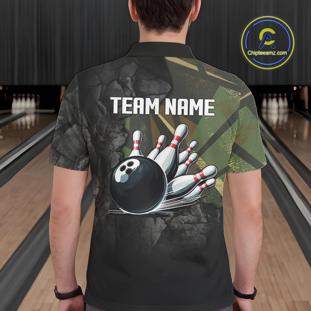 Green Camo Black Bowling Polo, Quarter Zip Shirts for Men Custom Team Bowling Jersey NQS10929